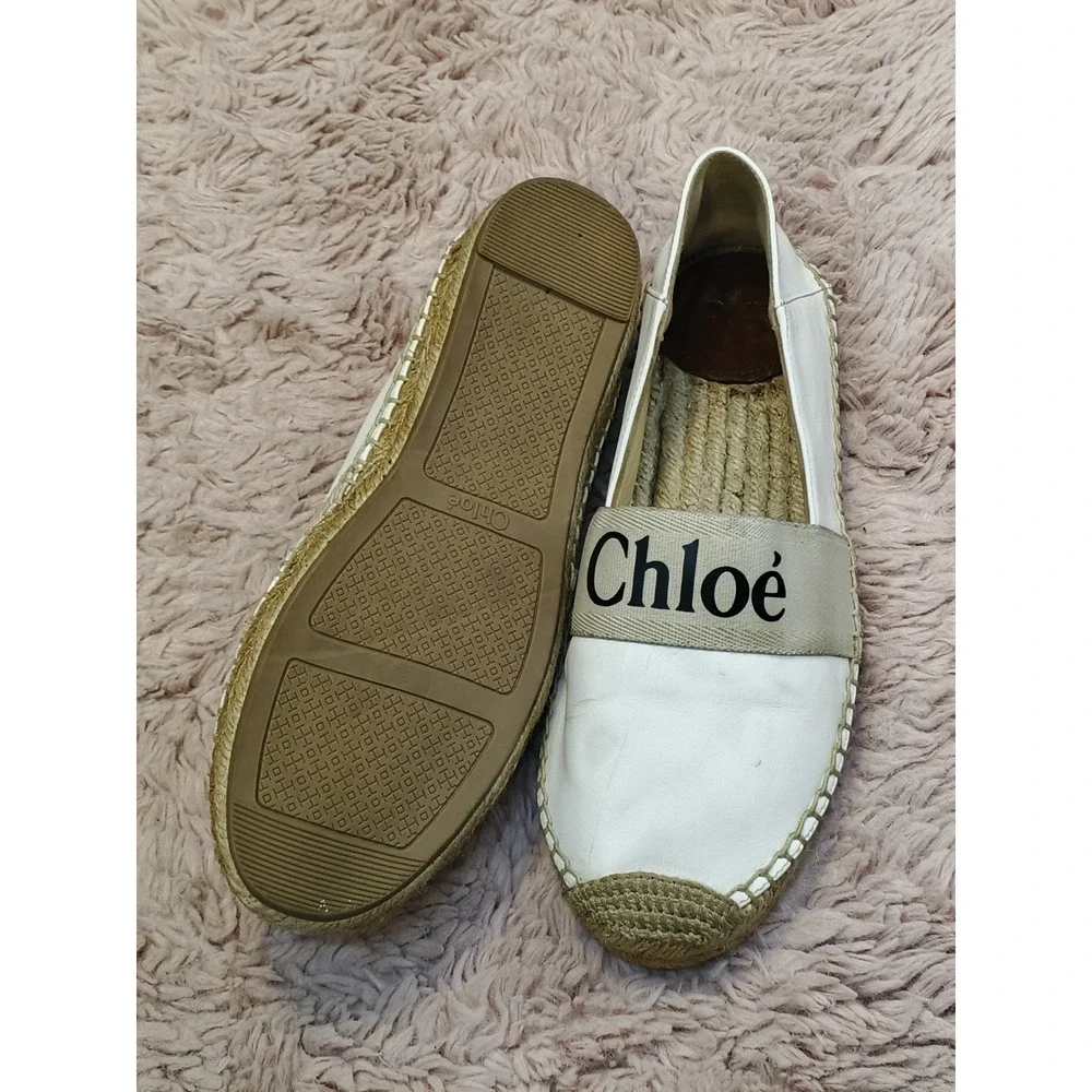 Chloe Woody Espadrille White Leather Logo Strap Slip On Flats Shoes‎